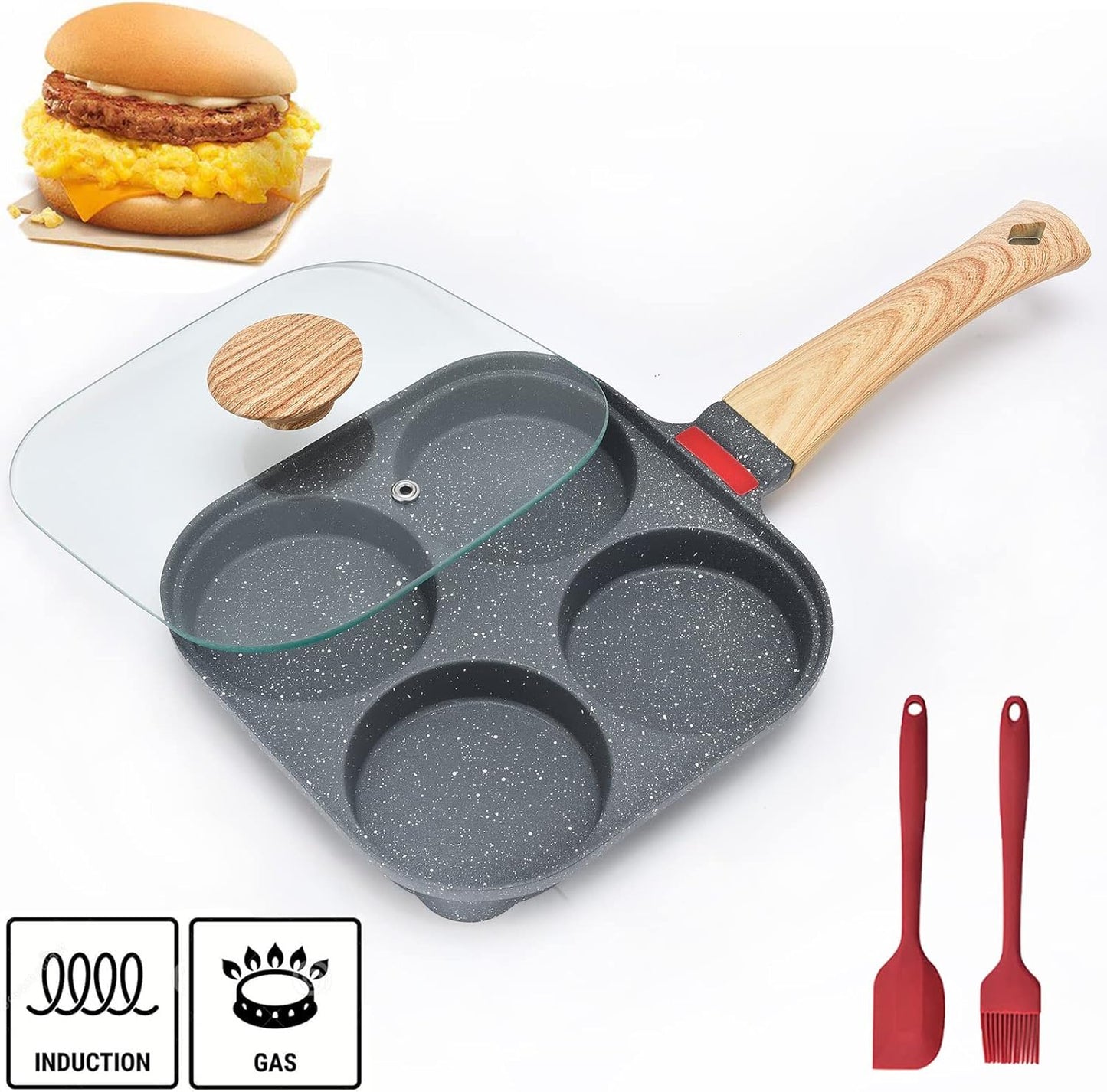 Sarten Huevo Frito Y Tortitas Con Tapa Y 4 Tazas Antiadherente Con Tapa Sarten Para Tortilla De Aluminio Olla Para Desayuno Dividida, Para Estufa De Gas Y Utensilios De Cocina De Inducción
