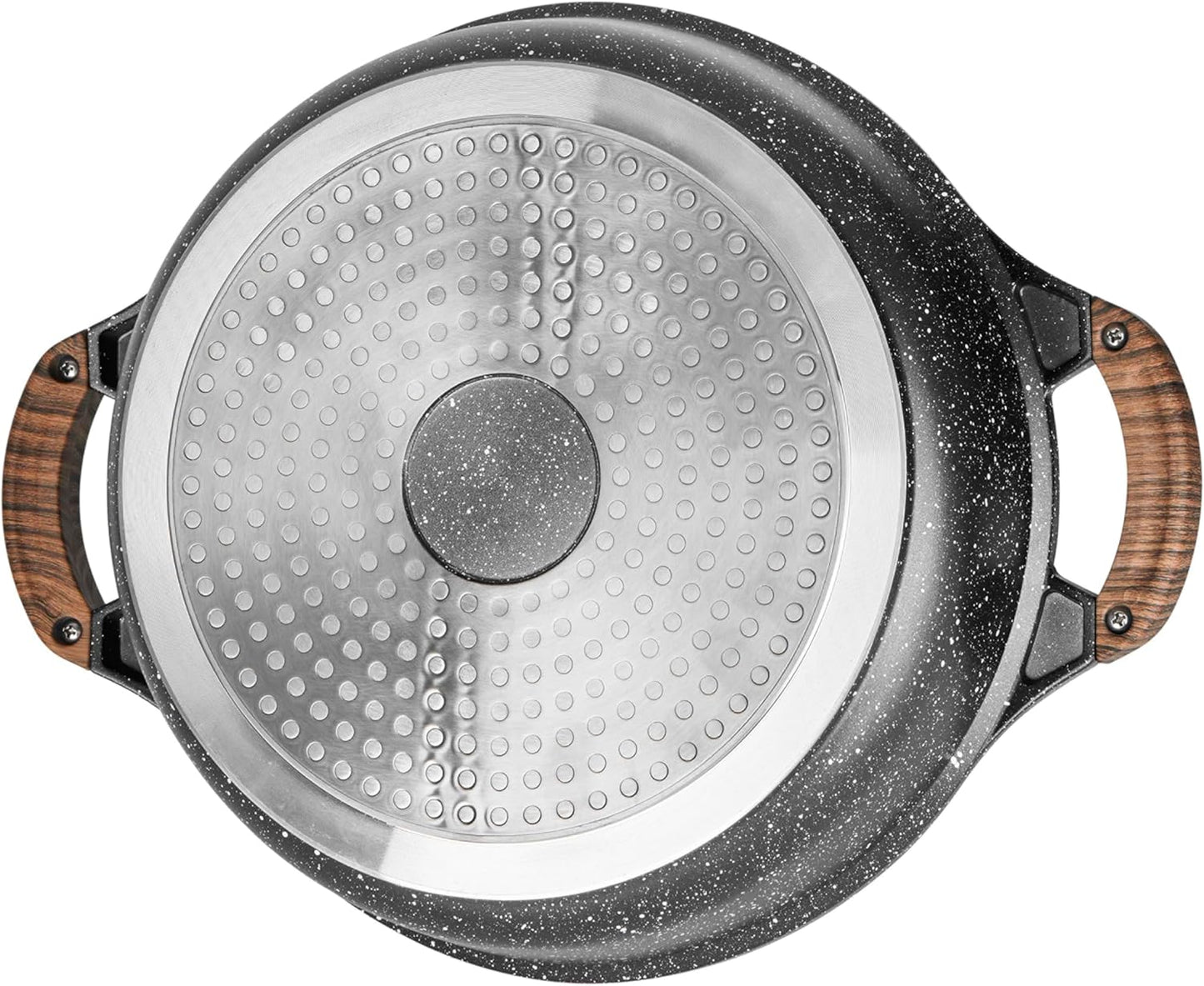 716948 - Sartén Con 2 Compartimentos (Diámetro 28 X 7,5 Cm, Aluminio Fundido, Revestimiento Antiadherente Sin PFOA, Efecto Piedra, Olla Shabu Con Tapa De Cristal, Incluye Inducción
