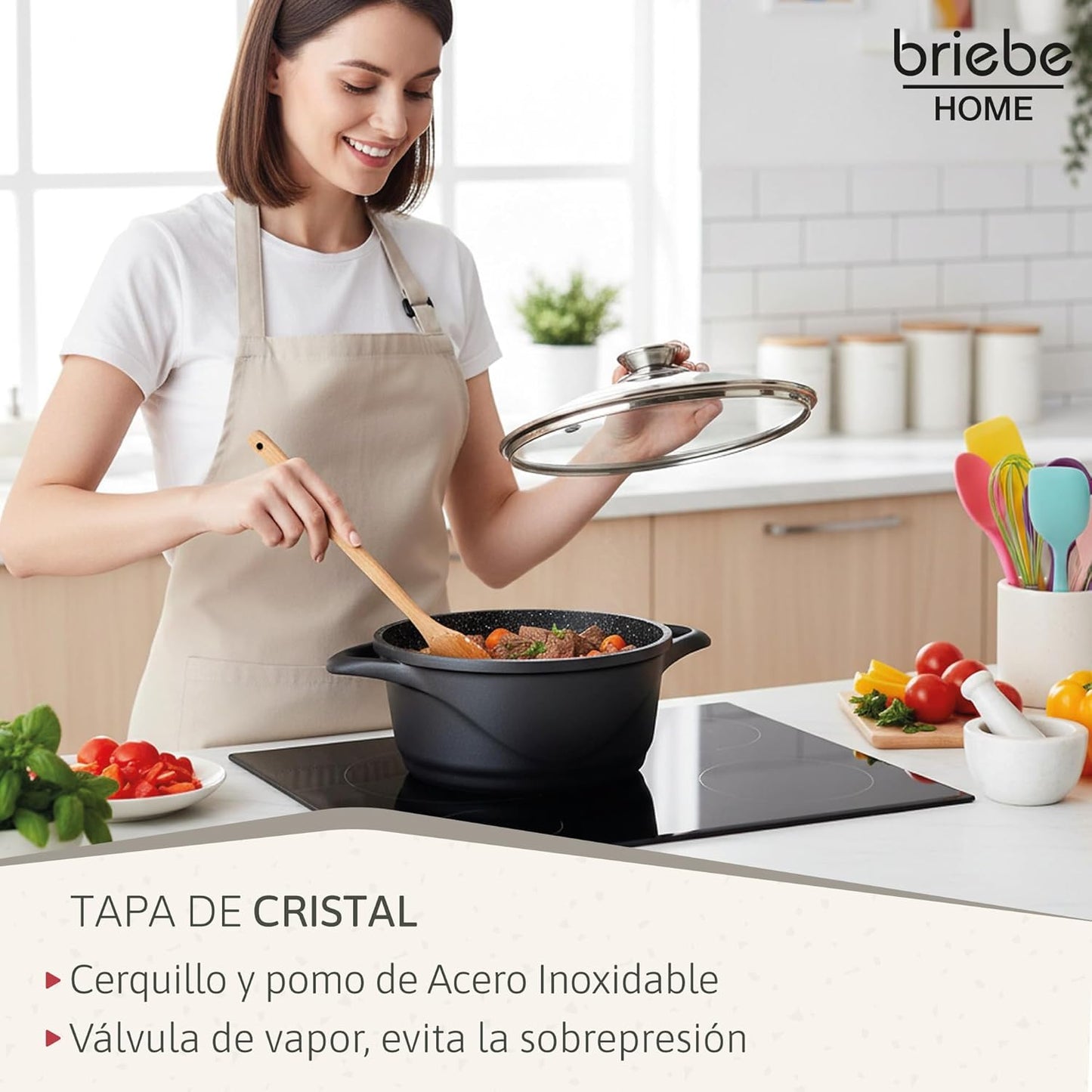 Briebe Batería Cocina Inducción 8 Piezas, Juego 4 Ollas Aluminio Fundido, Antiadherente ILAG GRANITEC Sin PFOA, Set Cazuelas Tapas Cristal, Guantes Silicona, Vitrocerámica, Gas, Horno, MGK-17