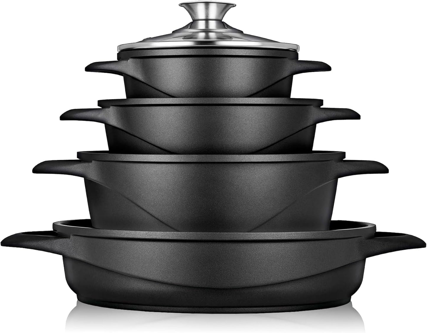 Briebe Batería Cocina Inducción 8 Piezas, Juego 4 Ollas Aluminio Fundido, Antiadherente ILAG GRANITEC Sin PFOA, Set Cazuelas Tapas Cristal, Guantes Silicona, Vitrocerámica, Gas, Horno, MGK-17
