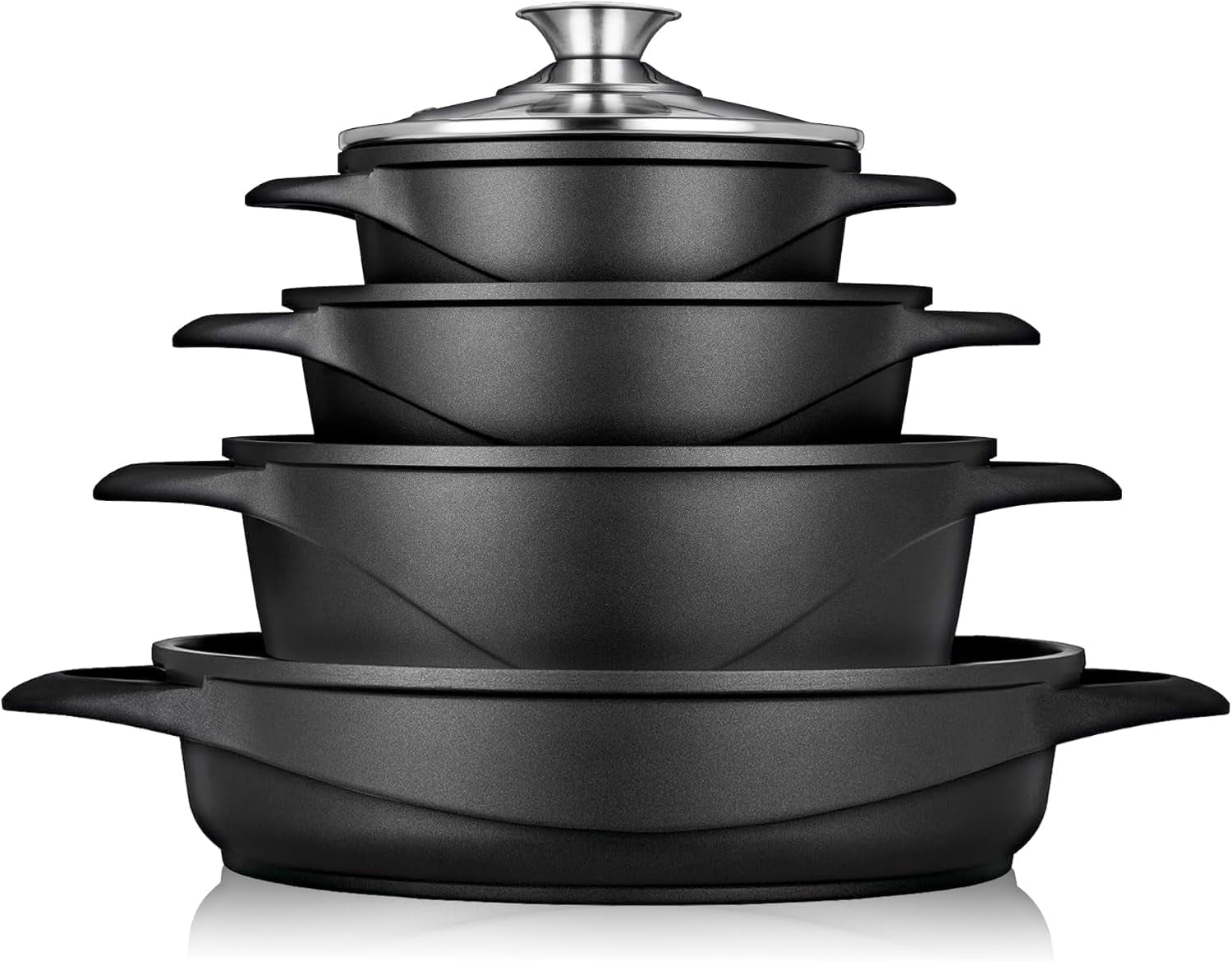 Briebe Batería Cocina Inducción 8 Piezas, Juego 4 Ollas Aluminio Fundido, Antiadherente ILAG GRANITEC Sin PFOA, Set Cazuelas Tapas Cristal, Guantes Silicona, Vitrocerámica, Gas, Horno, MGK-17