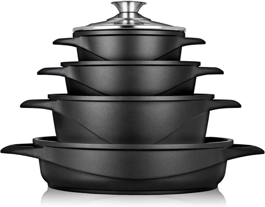 Briebe Batería Cocina Inducción 8 Piezas, Juego 4 Ollas Aluminio Fundido, Antiadherente ILAG GRANITEC Sin PFOA, Set Cazuelas Tapas Cristal, Guantes Silicona, Vitrocerámica, Gas, Horno, MGK-17