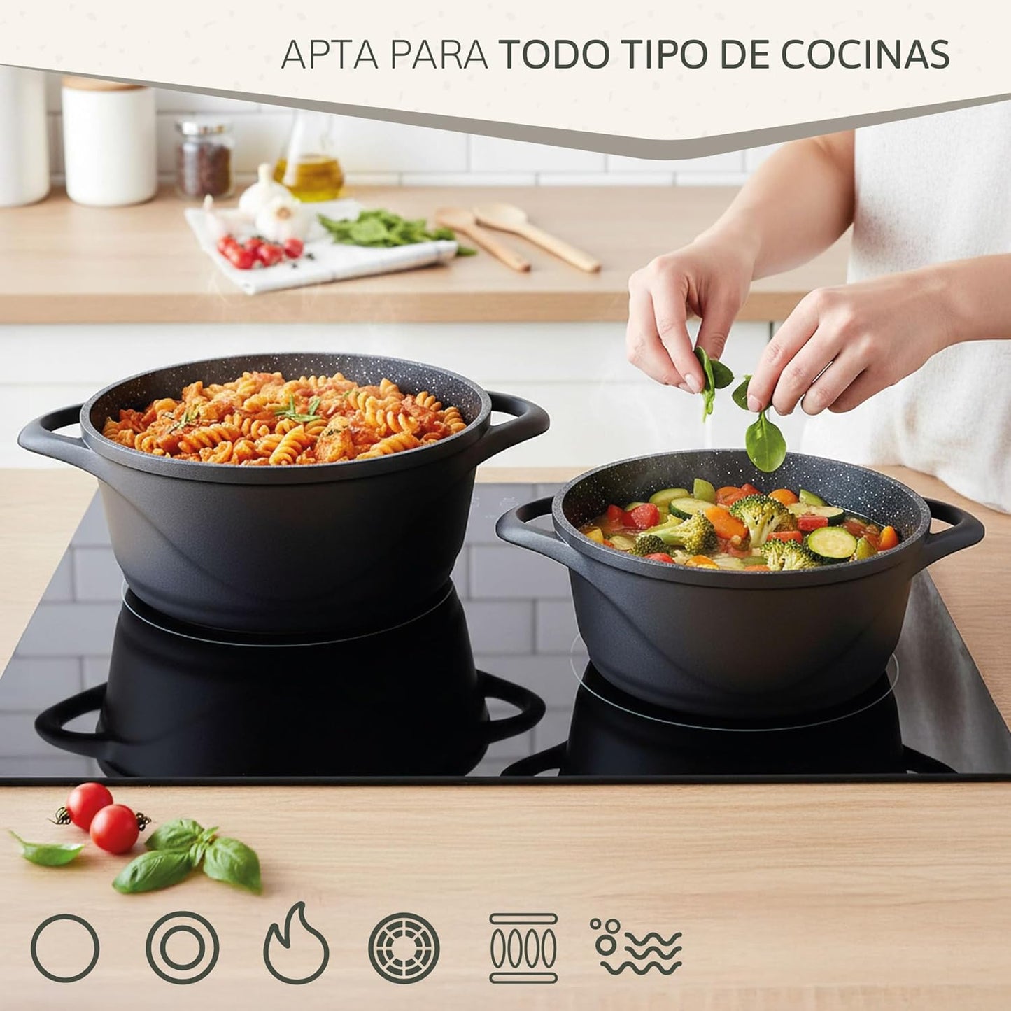 Briebe Batería Cocina Inducción 8 Piezas, Juego 4 Ollas Aluminio Fundido, Antiadherente ILAG GRANITEC Sin PFOA, Set Cazuelas Tapas Cristal, Guantes Silicona, Vitrocerámica, Gas, Horno, MGK-17