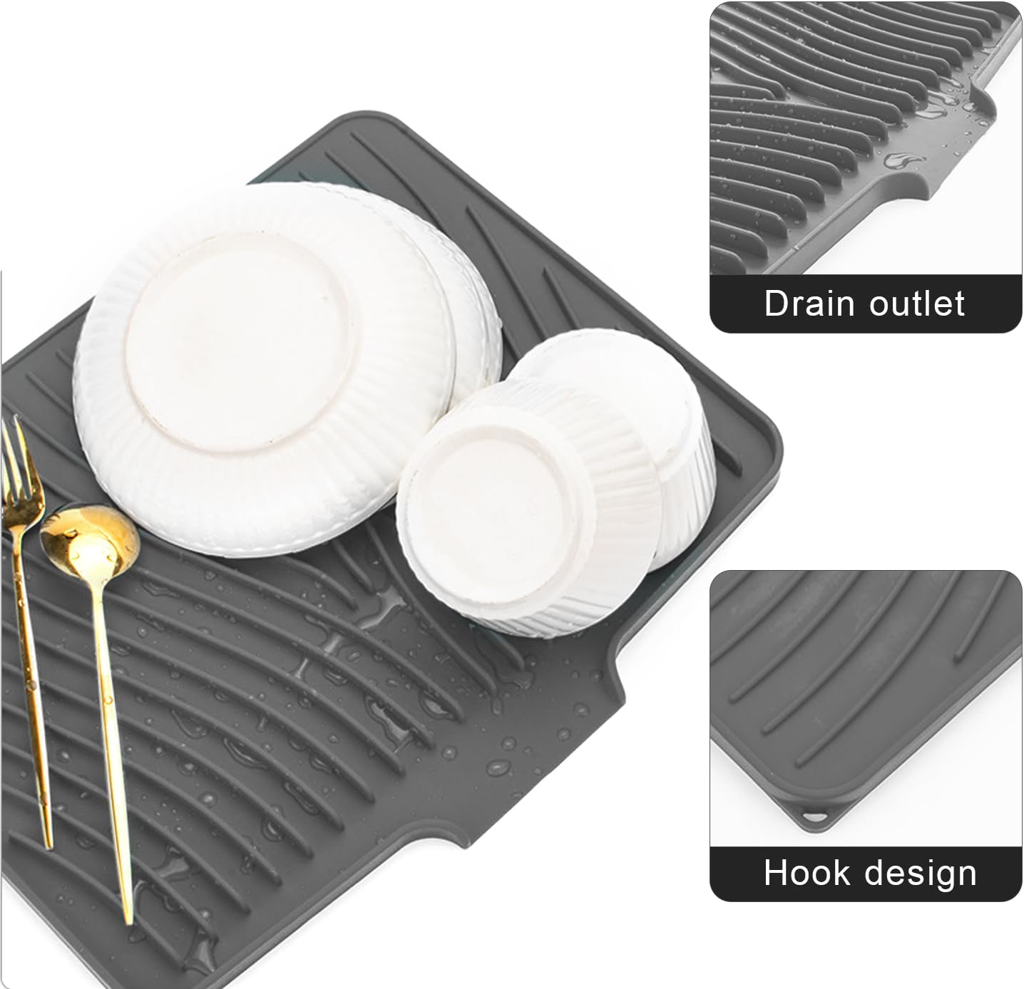 Alfombrilla Escurreplatos Silicona, Escurridor Fregadero Alfombrillas Antideslizante Cocina Bandeja Resistencia a Altas Temperaturas Dish Drying Rack Para Platos, 40 X 33 X 1.5 Cm Gris