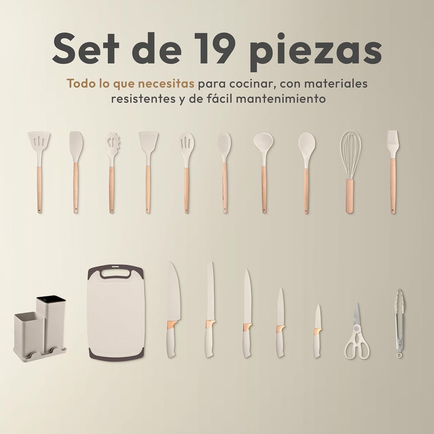 JUPPLIES Juego De Utensilios De Cocina De Silicona 19 Piezas Con Cuchillos, Tijeras Y Tabla De Cortar – Set Antiadherente Resistente Al Calor – Apto Para Todas Las Ollas Y Sartenes - Beige