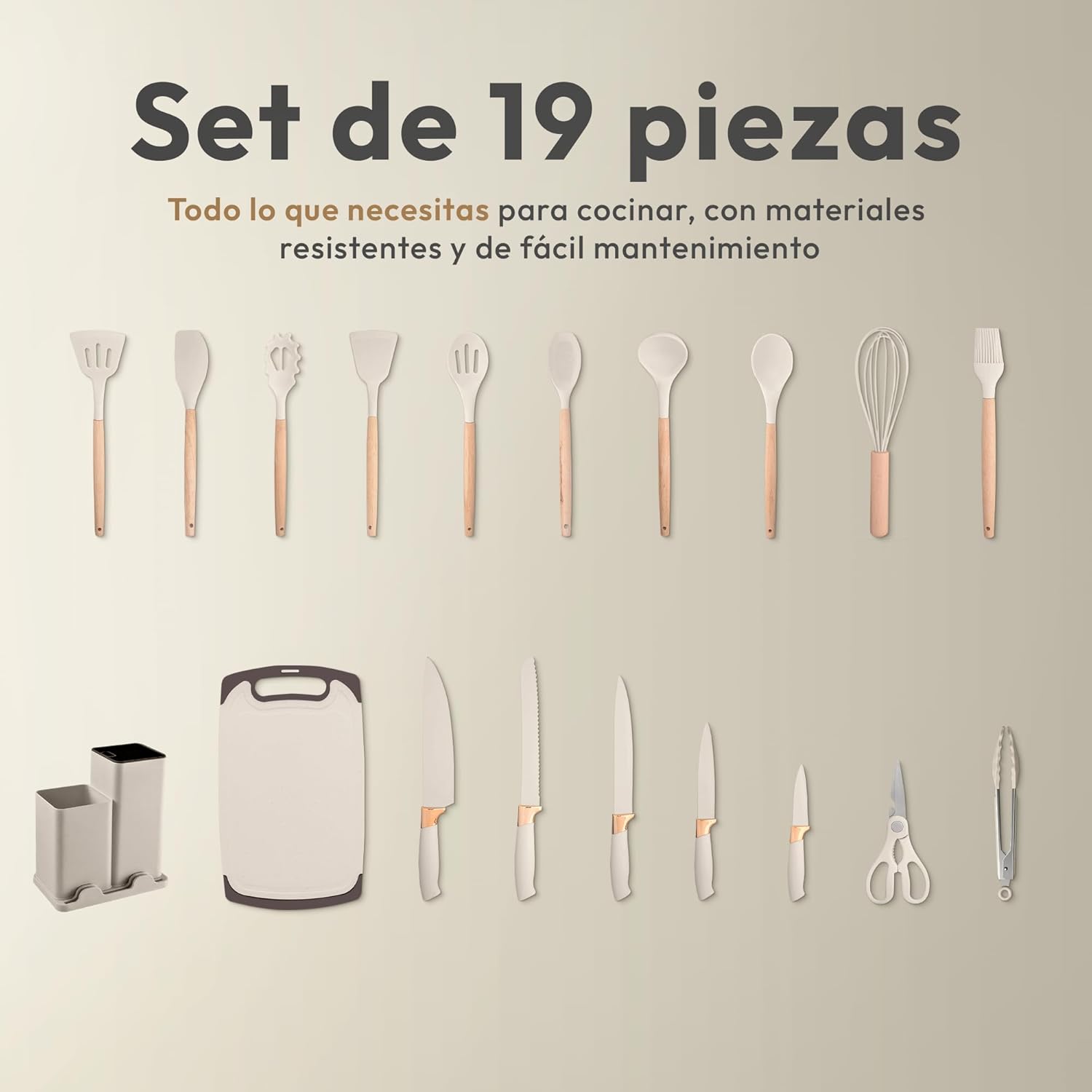 JUPPLIES Juego De Utensilios De Cocina De Silicona 19 Piezas Con Cuchillos, Tijeras Y Tabla De Cortar – Set Antiadherente Resistente Al Calor – Apto Para Todas Las Ollas Y Sartenes - Beige