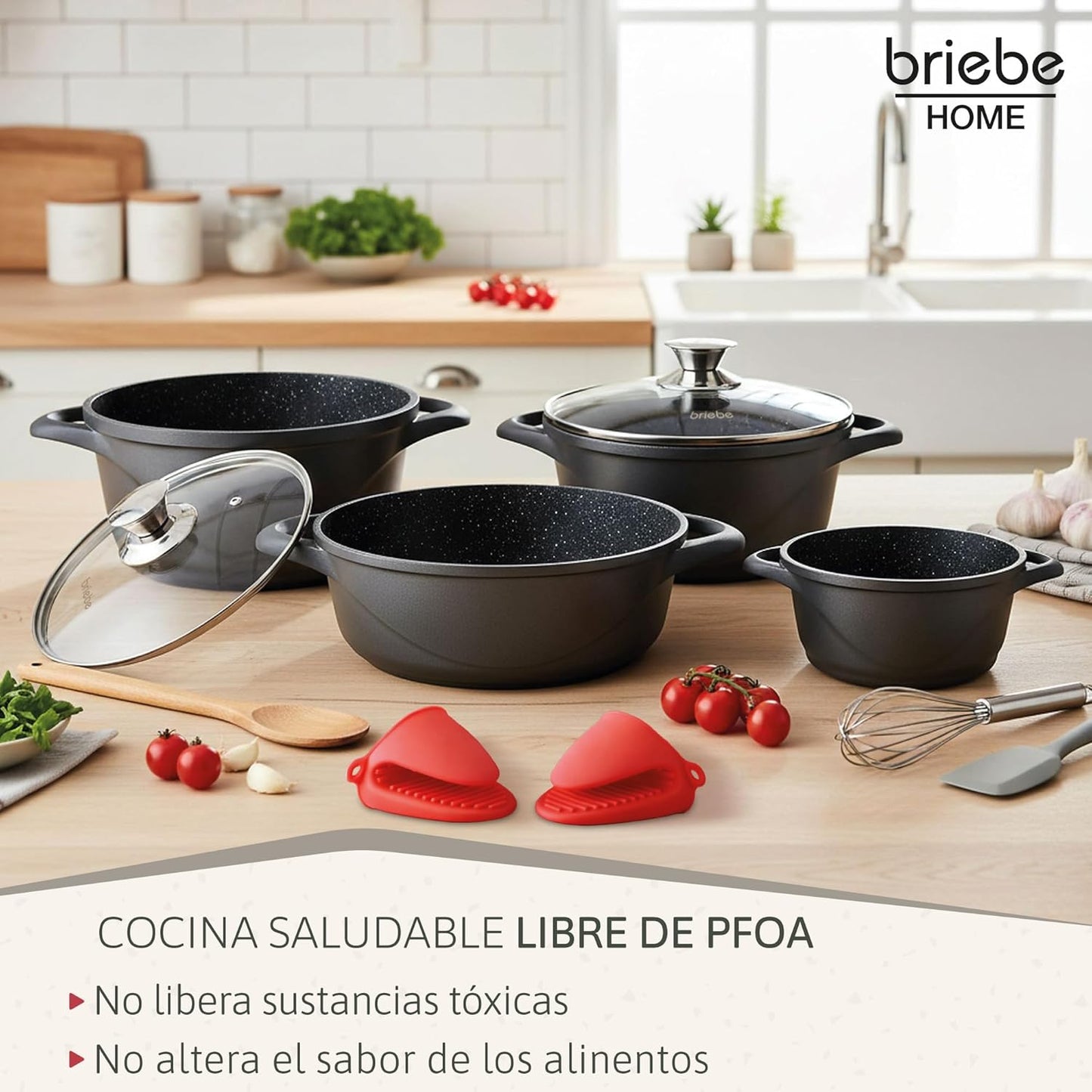 Briebe Batería Cocina Inducción 8 Piezas, Juego 4 Ollas Aluminio Fundido, Antiadherente ILAG GRANITEC Sin PFOA, Set Cazuelas Tapas Cristal, Guantes Silicona, Vitrocerámica, Gas, Horno, MGK-17