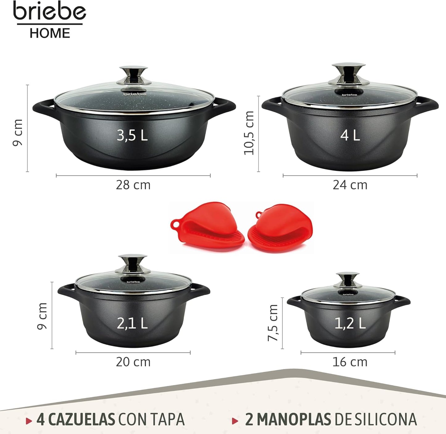 Briebe Batería Cocina Inducción 8 Piezas, Juego 4 Ollas Aluminio Fundido, Antiadherente ILAG GRANITEC Sin PFOA, Set Cazuelas Tapas Cristal, Guantes Silicona, Vitrocerámica, Gas, Horno, MGK-17