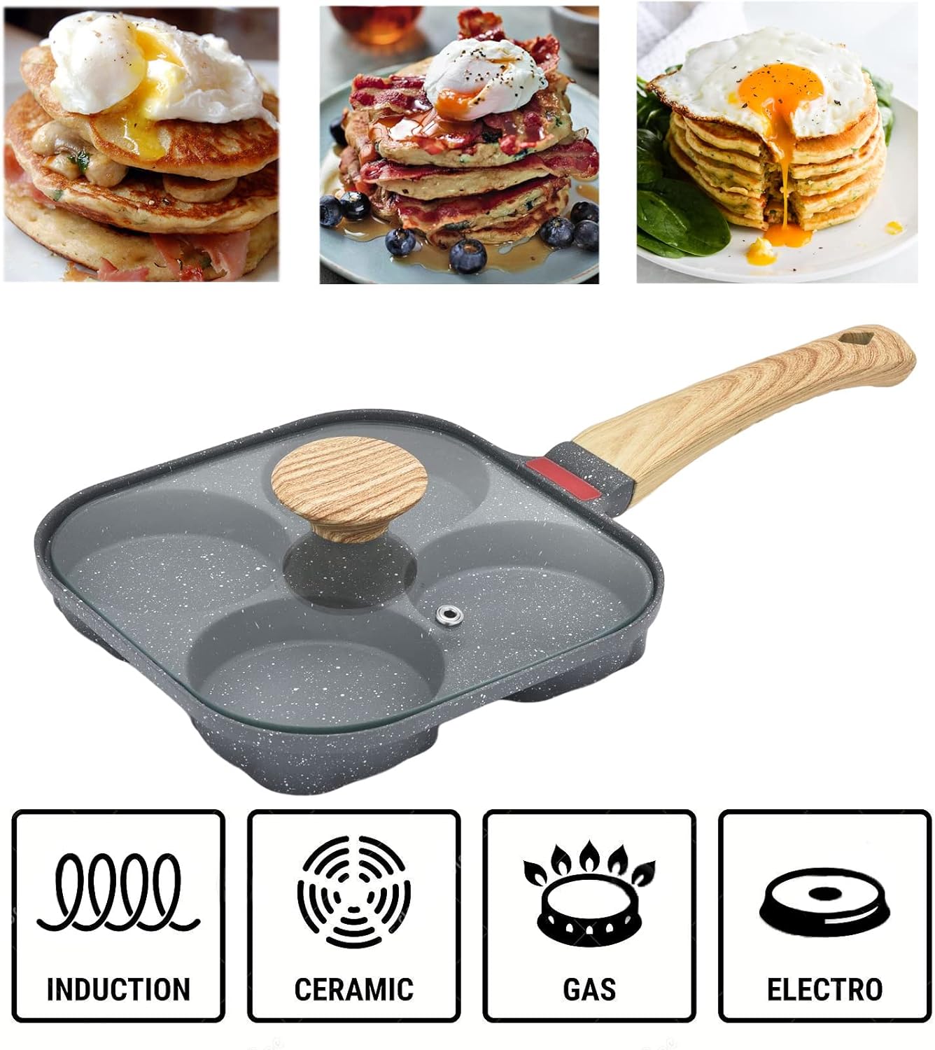 Sarten Huevo Frito Y Tortitas Con Tapa Y 4 Tazas Antiadherente Con Tapa Sarten Para Tortilla De Aluminio Olla Para Desayuno Dividida, Para Estufa De Gas Y Utensilios De Cocina De Inducción