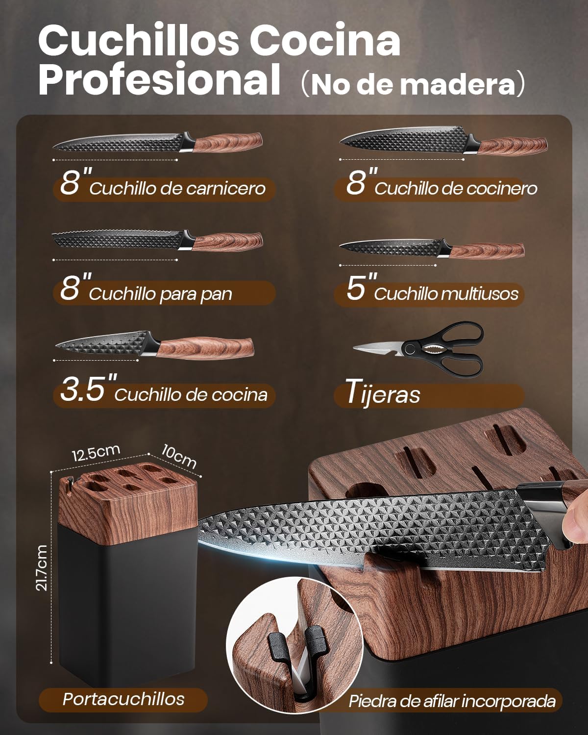 Set Cuchillos Cocina, 7 Piezas Juego De Cuchillos De Cocina Con Bloque, Acero Inoxidable Alemán Y Mangos Ergonómicos, Juego Cuchillos Cocina Profesional Para Uso Doméstico（No De Madera）