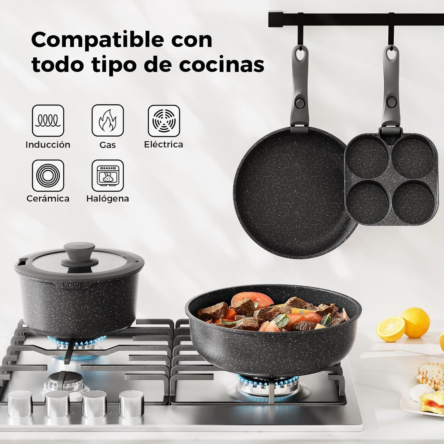 YASHE Batería De Cocina Antiadherente De 20 Piezas – Juego De Ollas Y Sartenes Con Asas Extraíbles, Compatible Con Lavavajillas, Apilable, Ideal Para Familias,Gris