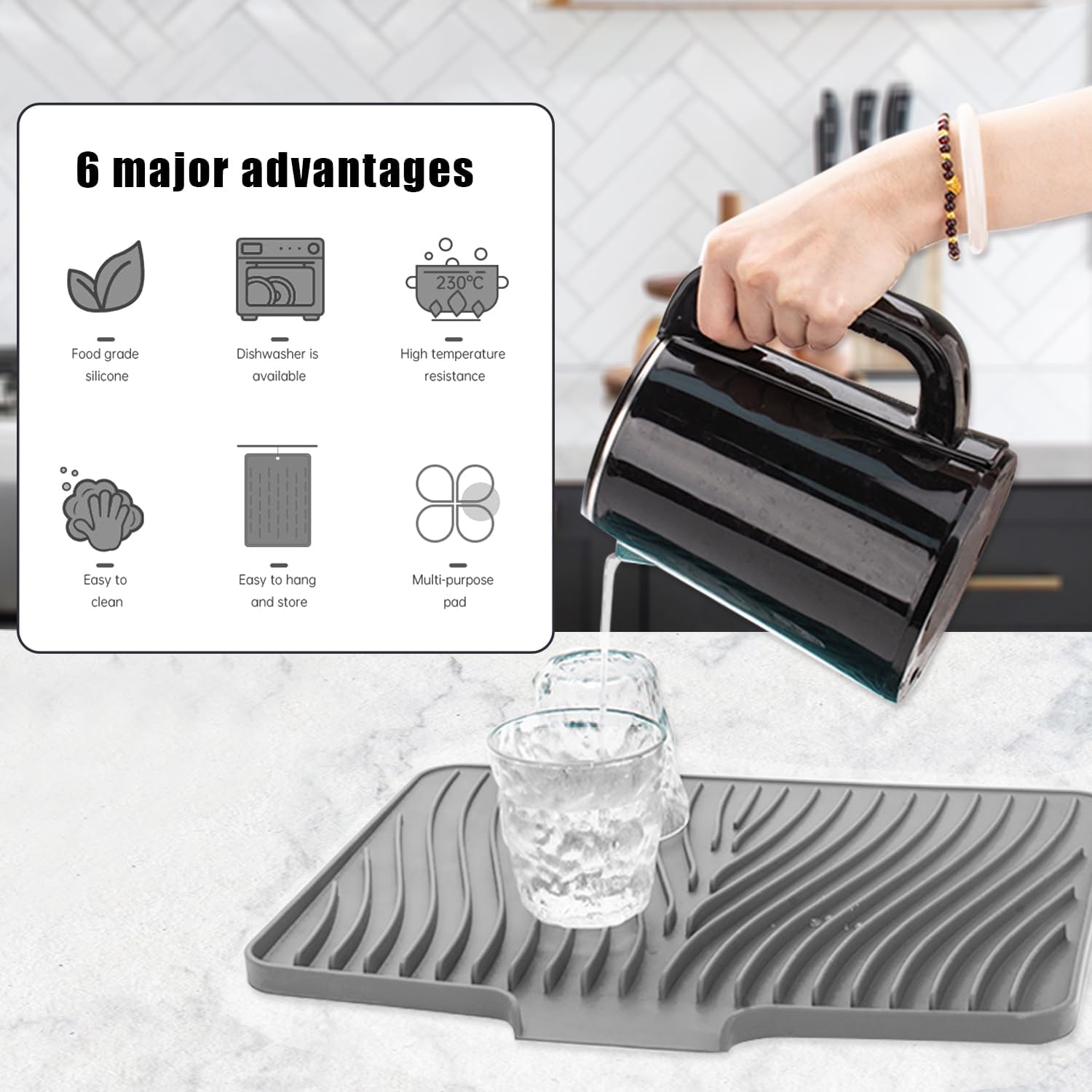 Alfombrilla Escurreplatos Silicona, Escurridor Fregadero Alfombrillas Antideslizante Cocina Bandeja Resistencia a Altas Temperaturas Dish Drying Rack Para Platos, 40 X 33 X 1.5 Cm Gris