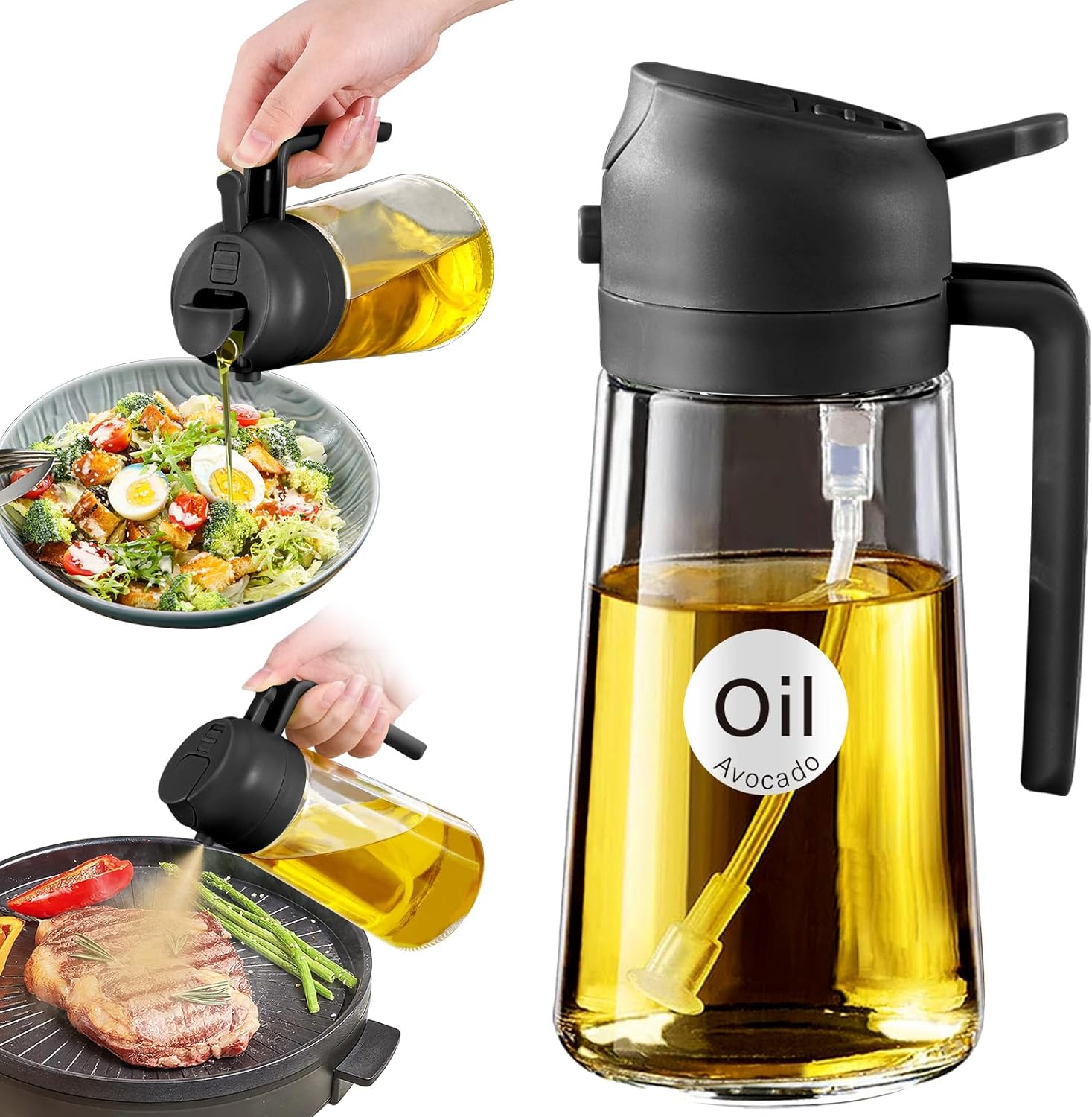 YARRAMATE Pulverizador De Aceite Para Cocinar, Botella Dispensadora De Aceite De Oliva 2 En 1 Para Cocina, Botella De Aceite De Vidrio De 17 Oz/470 Ml Para Freidora De Aire, Barbacoa (Negra)