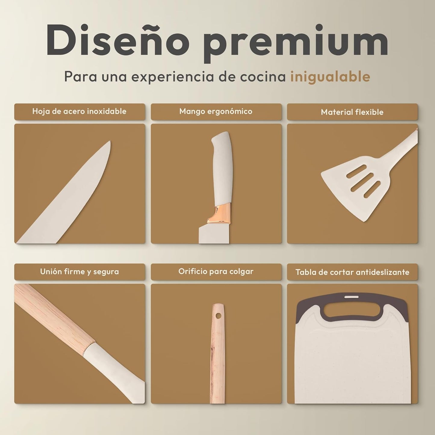 JUPPLIES Juego De Utensilios De Cocina De Silicona 19 Piezas Con Cuchillos, Tijeras Y Tabla De Cortar – Set Antiadherente Resistente Al Calor – Apto Para Todas Las Ollas Y Sartenes - Beige