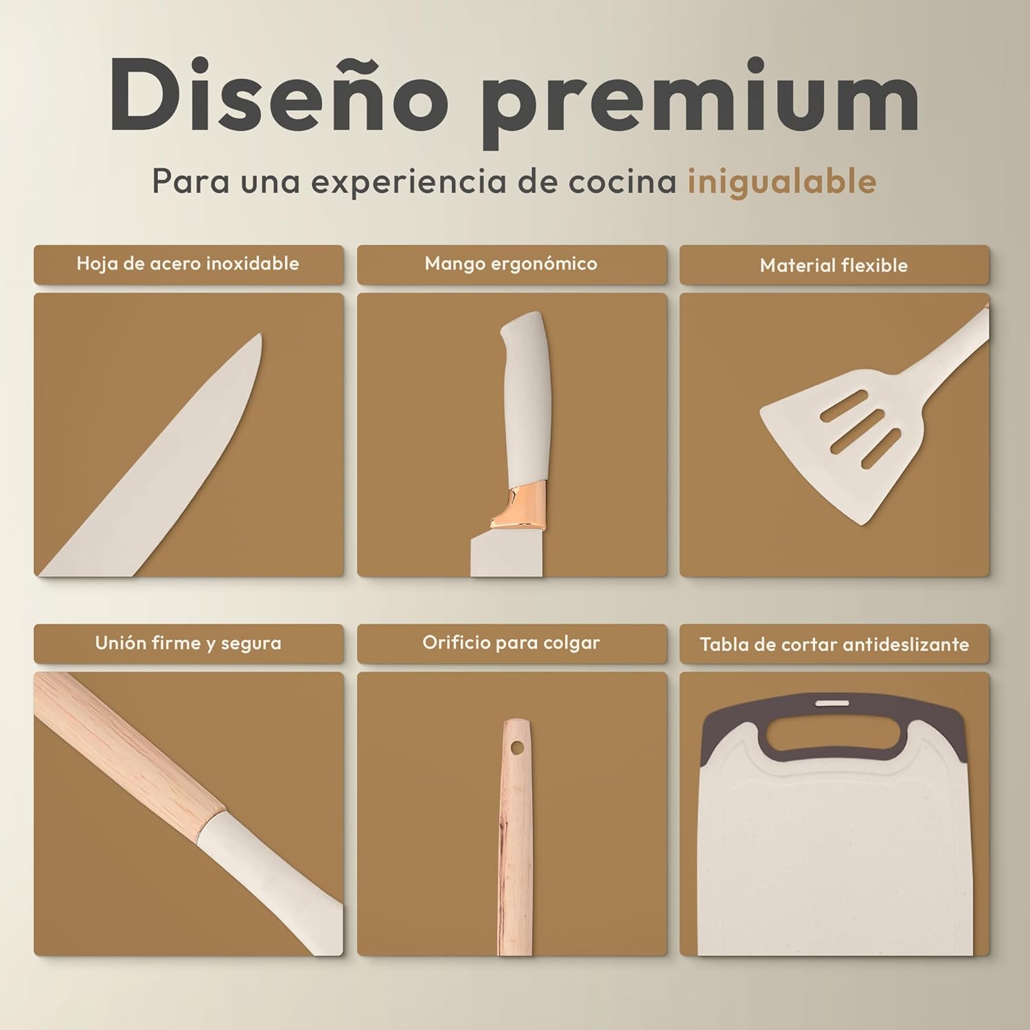 JUPPLIES Juego De Utensilios De Cocina De Silicona 19 Piezas Con Cuchillos, Tijeras Y Tabla De Cortar – Set Antiadherente Resistente Al Calor – Apto Para Todas Las Ollas Y Sartenes - Beige