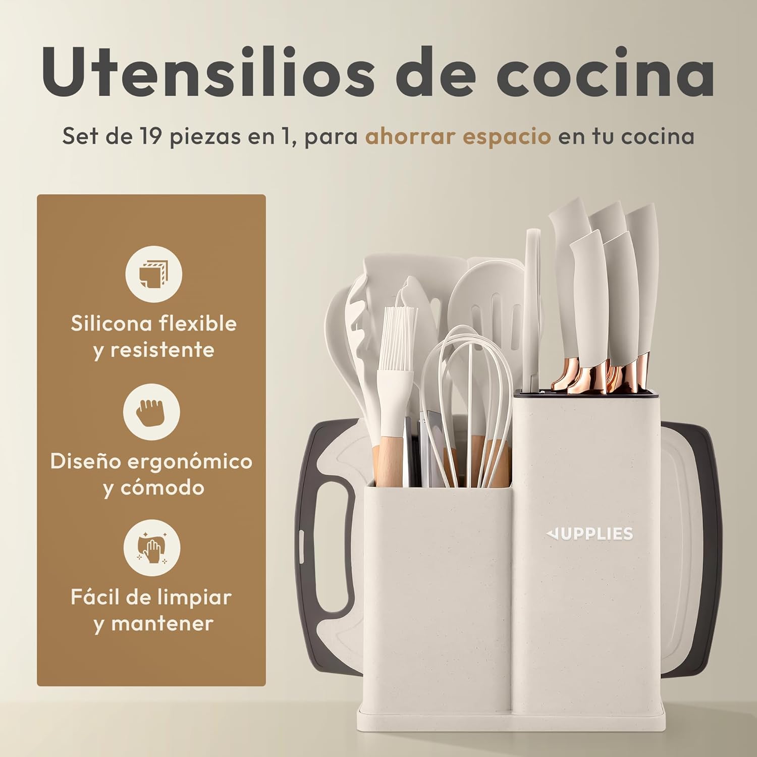 JUPPLIES Juego De Utensilios De Cocina De Silicona 19 Piezas Con Cuchillos, Tijeras Y Tabla De Cortar – Set Antiadherente Resistente Al Calor – Apto Para Todas Las Ollas Y Sartenes - Beige