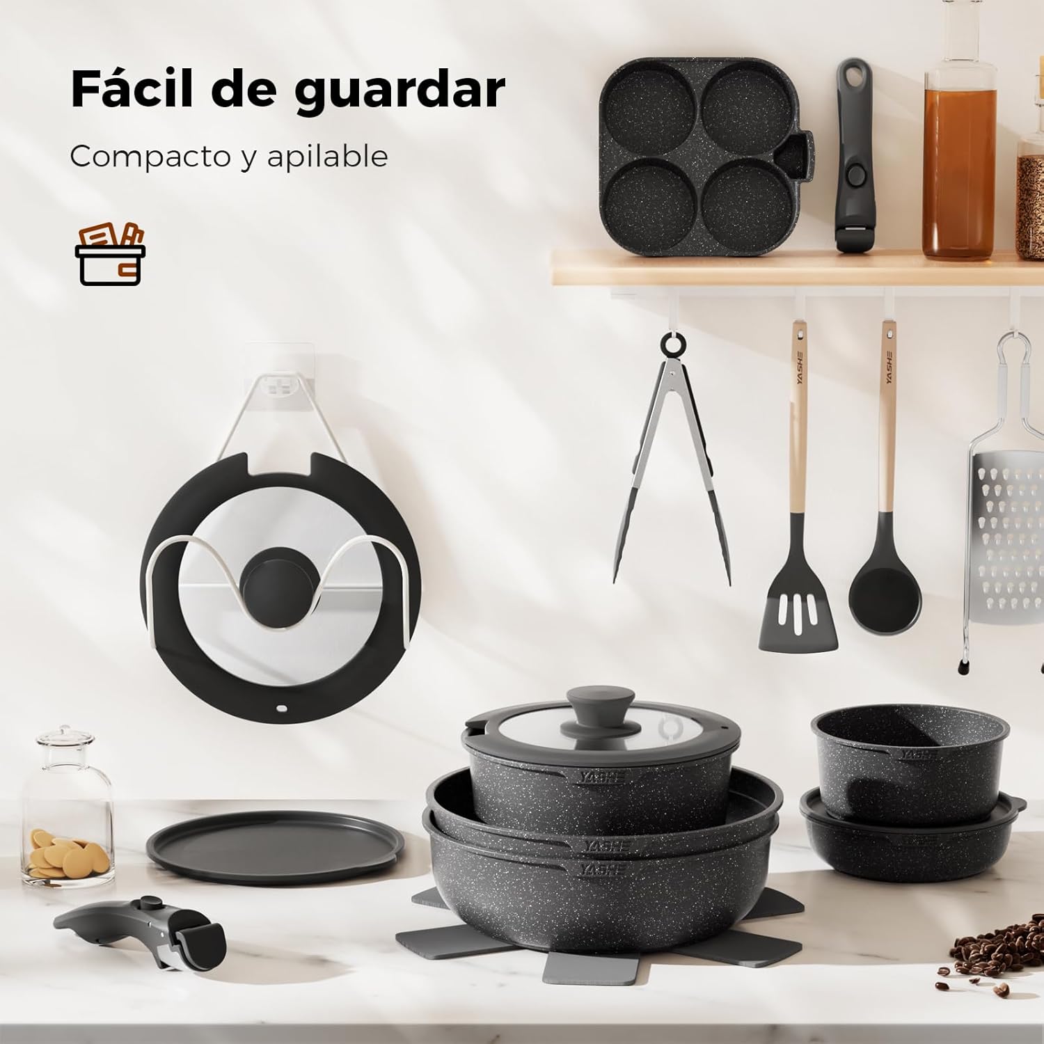YASHE Batería De Cocina Antiadherente De 20 Piezas – Juego De Ollas Y Sartenes Con Asas Extraíbles, Compatible Con Lavavajillas, Apilable, Ideal Para Familias,Gris