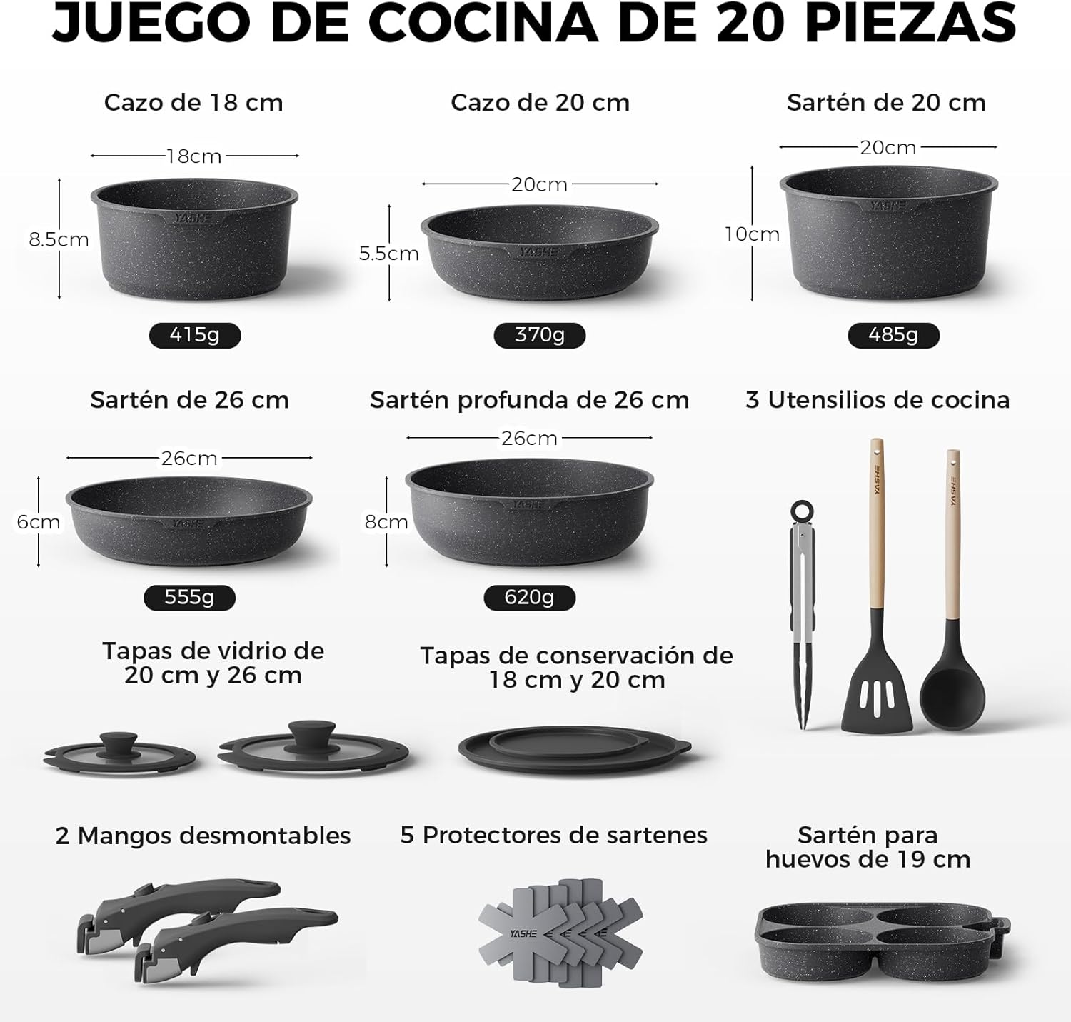 YASHE Batería De Cocina Antiadherente De 20 Piezas – Juego De Ollas Y Sartenes Con Asas Extraíbles, Compatible Con Lavavajillas, Apilable, Ideal Para Familias,Gris
