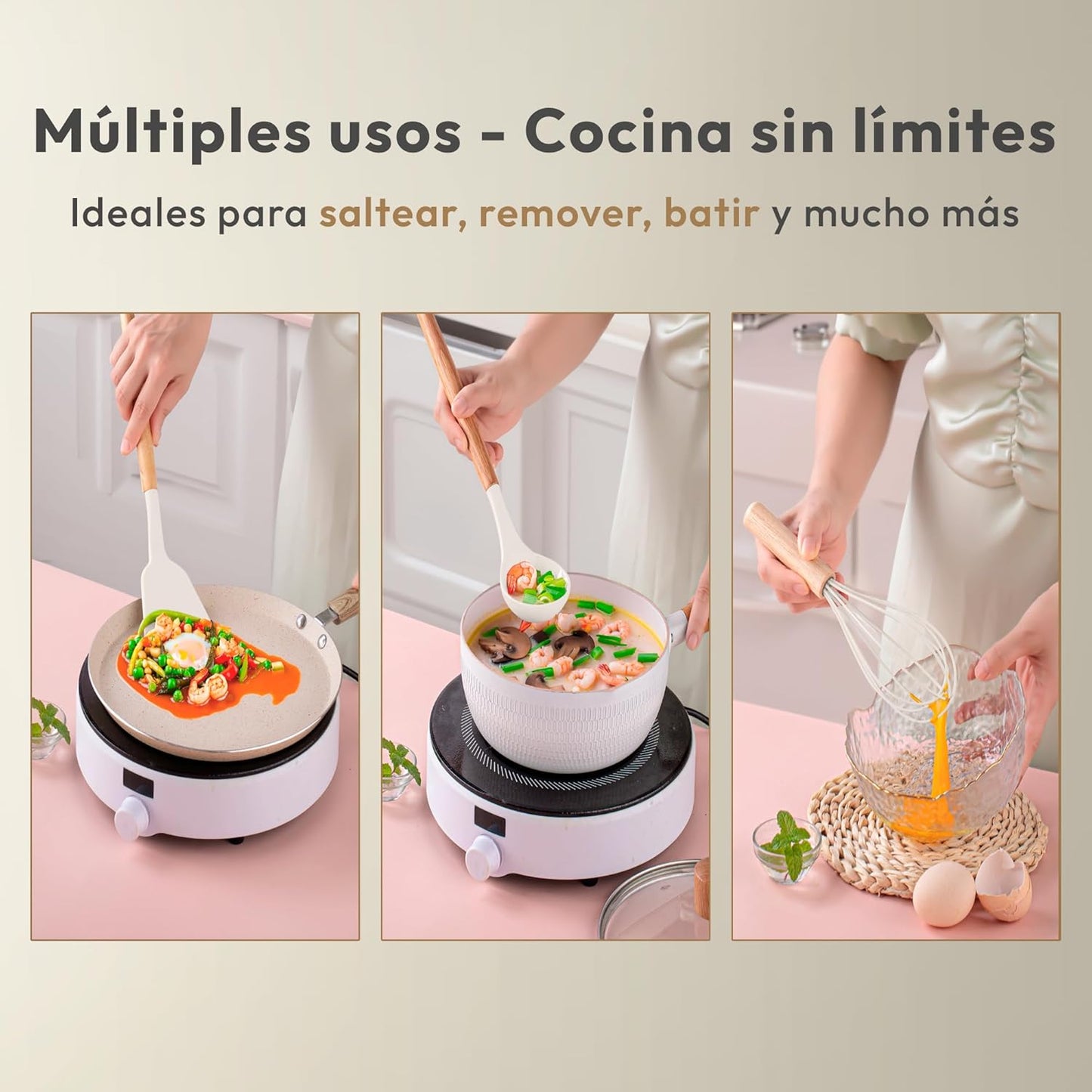 JUPPLIES Juego De Utensilios De Cocina De Silicona 19 Piezas Con Cuchillos, Tijeras Y Tabla De Cortar – Set Antiadherente Resistente Al Calor – Apto Para Todas Las Ollas Y Sartenes - Beige
