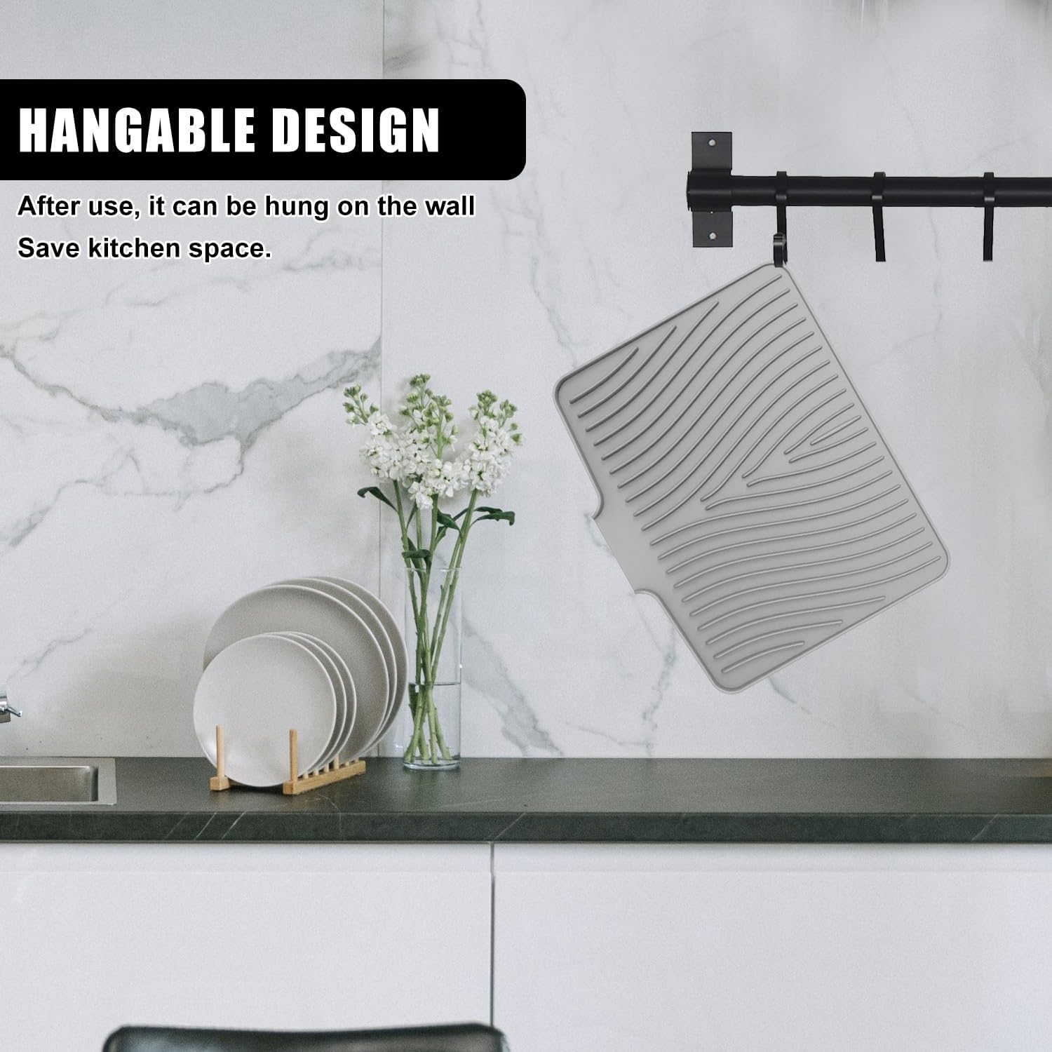 Alfombrilla Escurreplatos Silicona, Escurridor Fregadero Alfombrillas Antideslizante Cocina Bandeja Resistencia a Altas Temperaturas Dish Drying Rack Para Platos, 40 X 33 X 1.5 Cm Gris