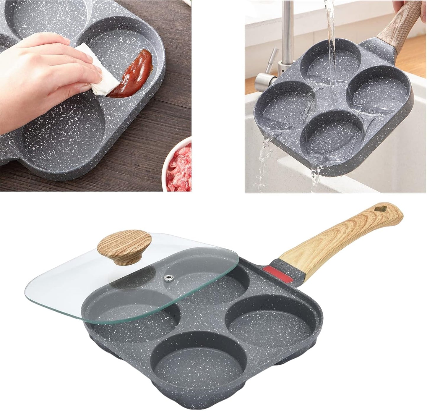 Sarten Huevo Frito Y Tortitas Con Tapa Y 4 Tazas Antiadherente Con Tapa Sarten Para Tortilla De Aluminio Olla Para Desayuno Dividida, Para Estufa De Gas Y Utensilios De Cocina De Inducción