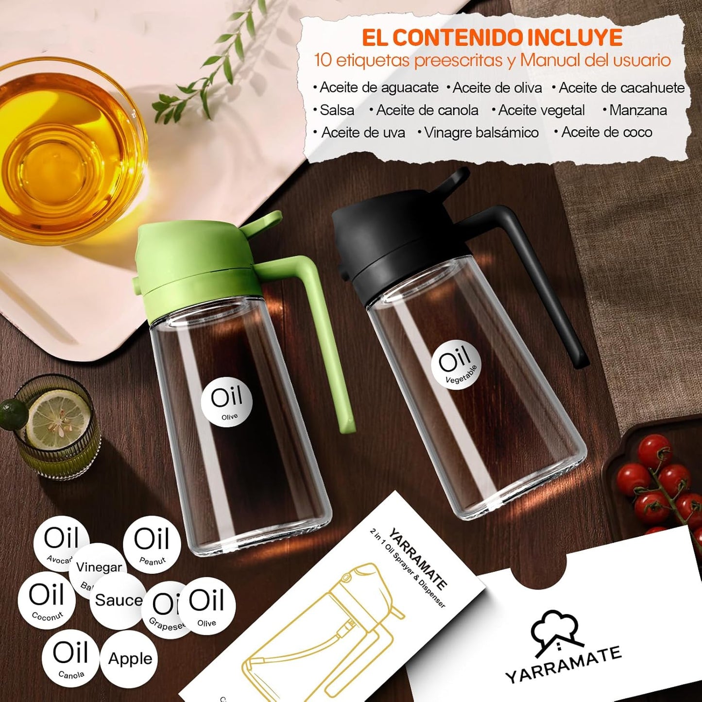 YARRAMATE Pulverizador De Aceite Para Cocinar, Botella Dispensadora De Aceite De Oliva 2 En 1 Para Cocina, Botella De Aceite De Vidrio De 17 Oz/470 Ml Para Freidora De Aire, Barbacoa (Negra)