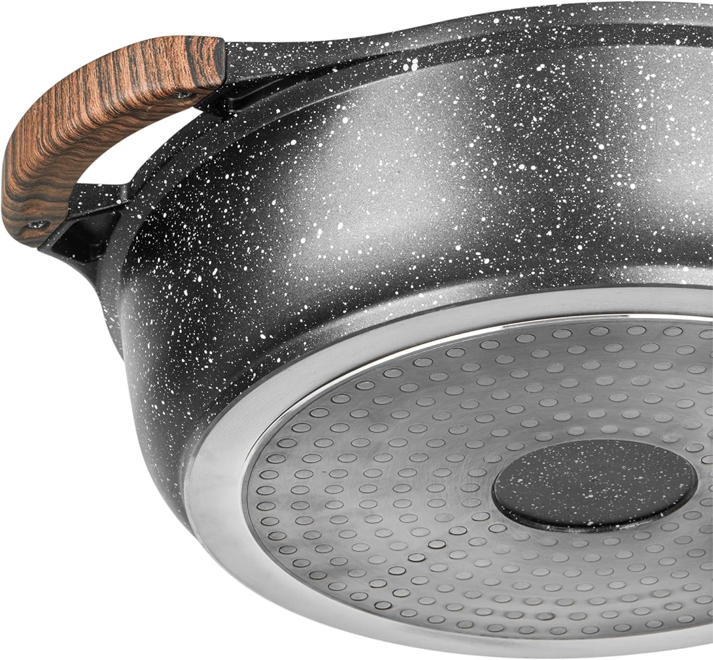 716948 - Sartén Con 2 Compartimentos (Diámetro 28 X 7,5 Cm, Aluminio Fundido, Revestimiento Antiadherente Sin PFOA, Efecto Piedra, Olla Shabu Con Tapa De Cristal, Incluye Inducción
