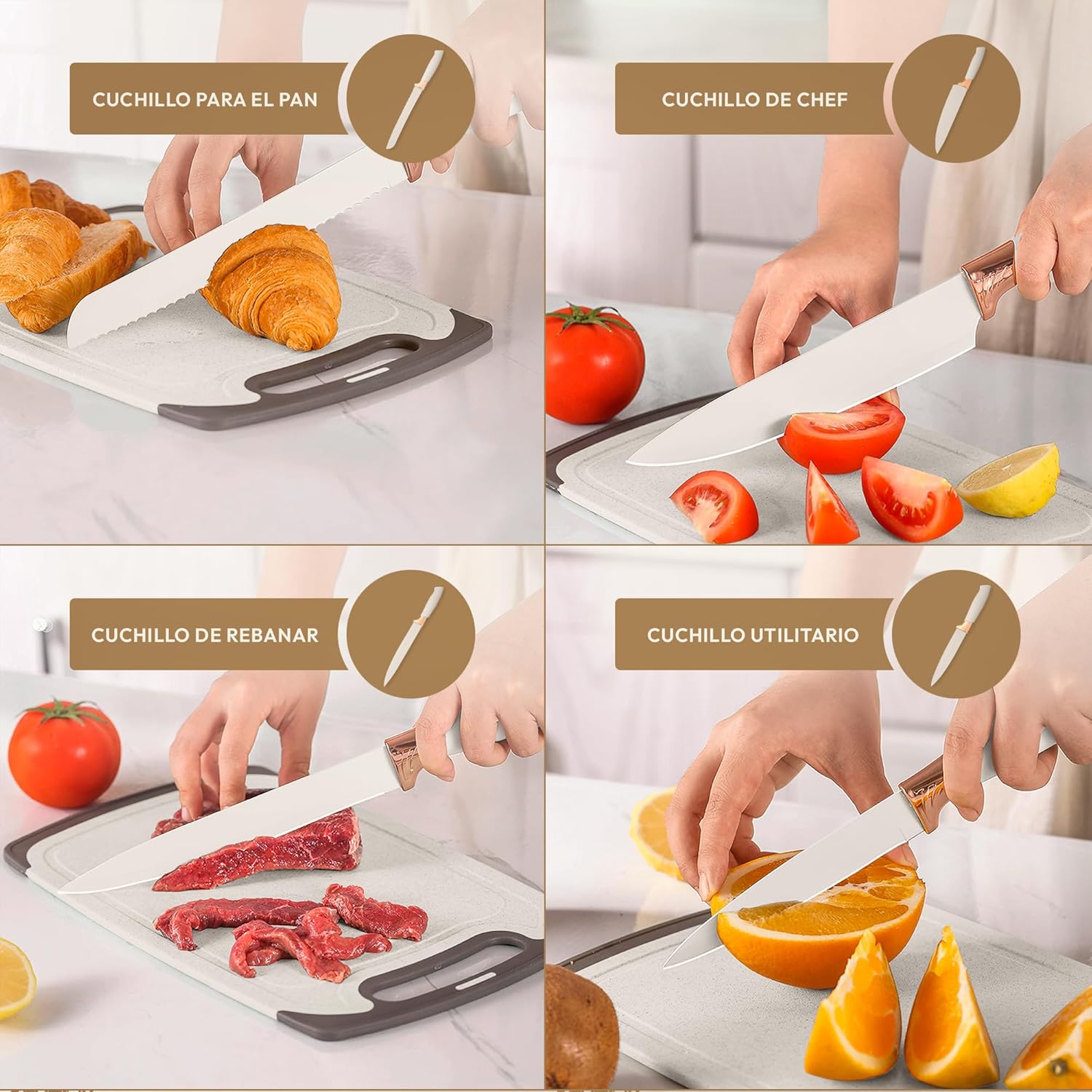 JUPPLIES Juego De Utensilios De Cocina De Silicona 19 Piezas Con Cuchillos, Tijeras Y Tabla De Cortar – Set Antiadherente Resistente Al Calor – Apto Para Todas Las Ollas Y Sartenes - Beige