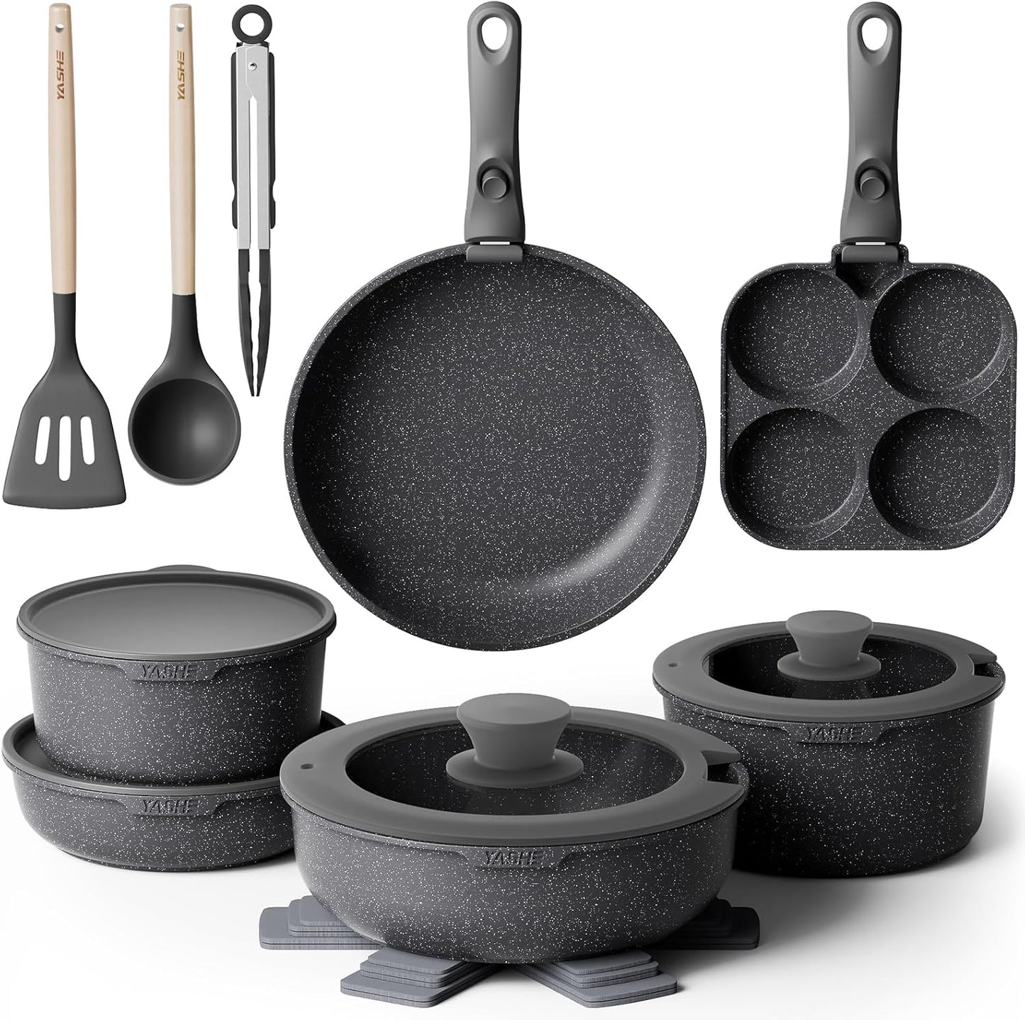 YASHE Batería De Cocina Antiadherente De 20 Piezas – Juego De Ollas Y Sartenes Con Asas Extraíbles, Compatible Con Lavavajillas, Apilable, Ideal Para Familias,Gris