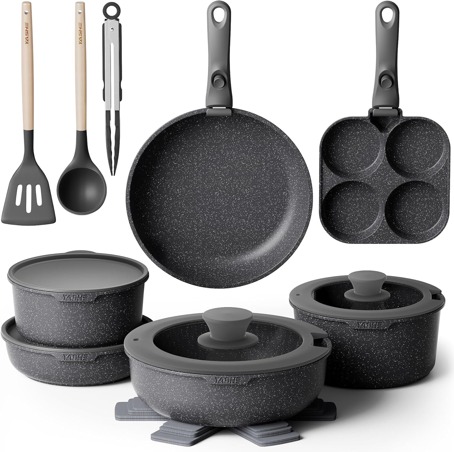 YASHE Batería De Cocina Antiadherente De 20 Piezas – Juego De Ollas Y Sartenes Con Asas Extraíbles, Compatible Con Lavavajillas, Apilable, Ideal Para Familias,Gris