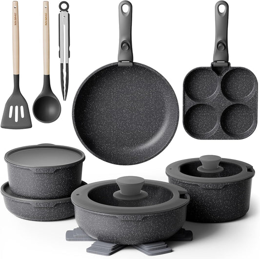 YASHE Batería De Cocina Antiadherente De 20 Piezas – Juego De Ollas Y Sartenes Con Asas Extraíbles, Compatible Con Lavavajillas, Apilable, Ideal Para Familias,Gris