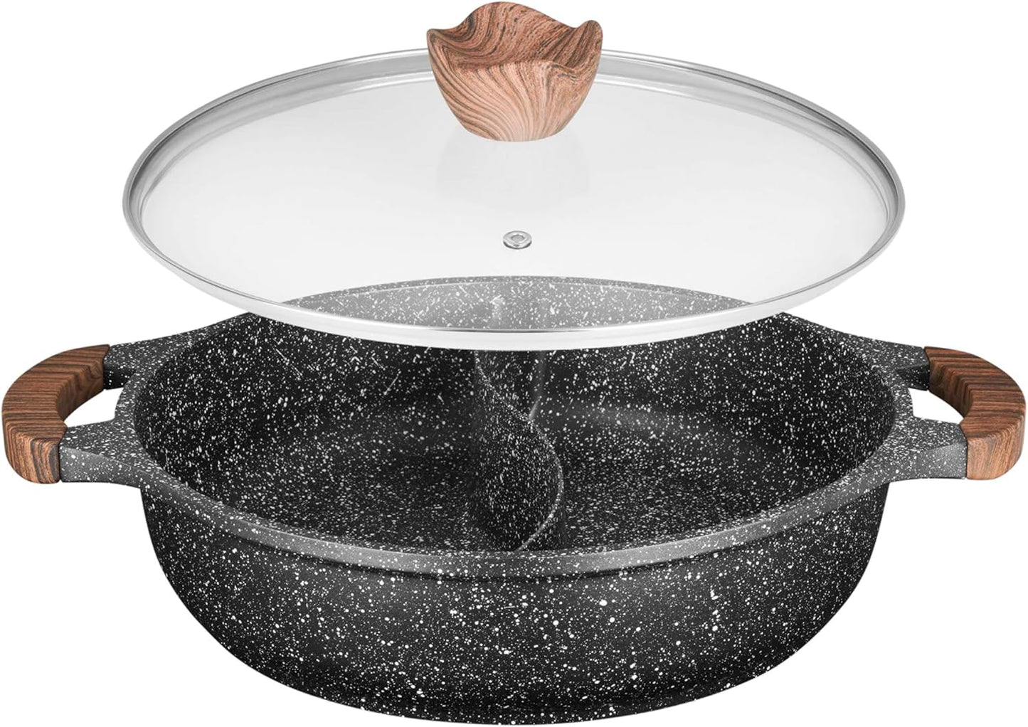 716948 - Sartén Con 2 Compartimentos (Diámetro 28 X 7,5 Cm, Aluminio Fundido, Revestimiento Antiadherente Sin PFOA, Efecto Piedra, Olla Shabu Con Tapa De Cristal, Incluye Inducción