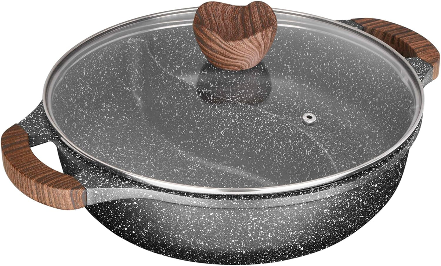 716948 - Sartén Con 2 Compartimentos (Diámetro 28 X 7,5 Cm, Aluminio Fundido, Revestimiento Antiadherente Sin PFOA, Efecto Piedra, Olla Shabu Con Tapa De Cristal, Incluye Inducción