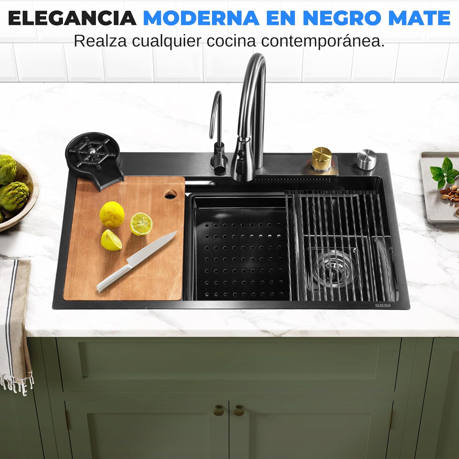 Serenelife Fregadero Cocina, Con Grifo, Rejilla De Drenaje, Canasta Coladora, Tavla De Cortar, Lavavasos, Acero Inoxidable, Instalacion Bajo O Sobre Encimera