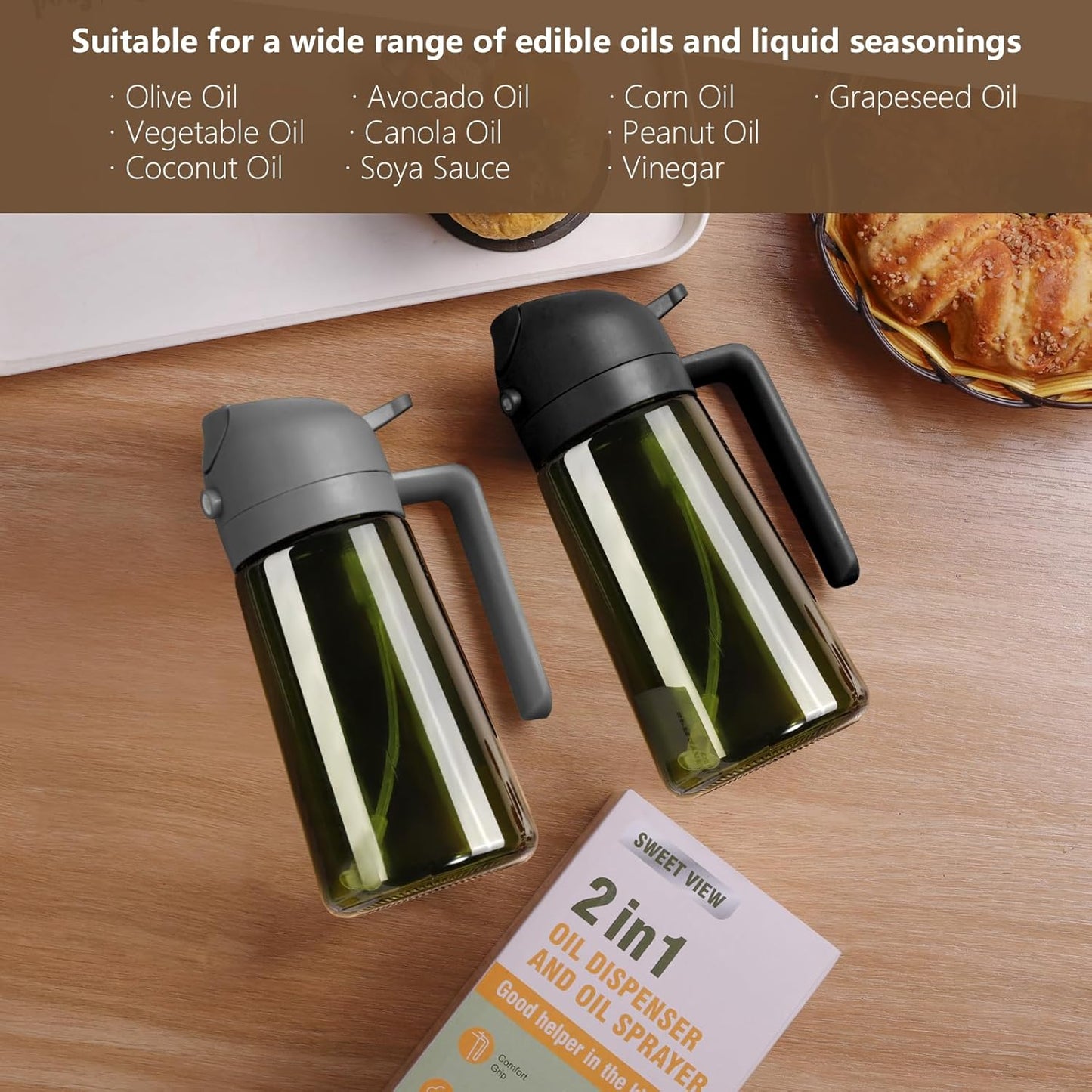 Aceitera Spray Pulverizador Y Dispensador Aceite, Vertedor De Aceite De Vidrio a Prueba De Luz De 470 Ml Para Cocina, Freidora De Aire, Cocina, Ensalada Y Barbacoa