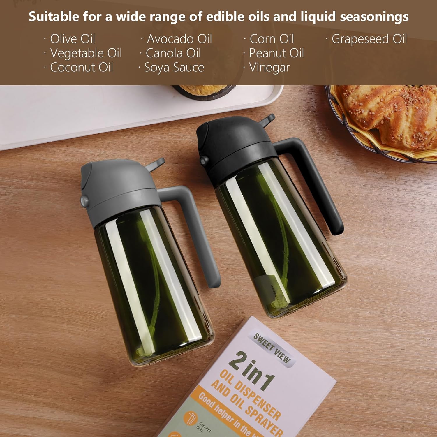 Aceitera Spray Pulverizador Y Dispensador Aceite, Vertedor De Aceite De Vidrio a Prueba De Luz De 470 Ml Para Cocina, Freidora De Aire, Cocina, Ensalada Y Barbacoa