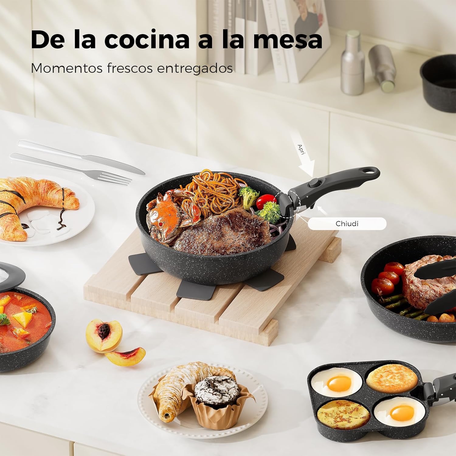 YASHE Batería De Cocina Antiadherente De 20 Piezas – Juego De Ollas Y Sartenes Con Asas Extraíbles, Compatible Con Lavavajillas, Apilable, Ideal Para Familias,Gris