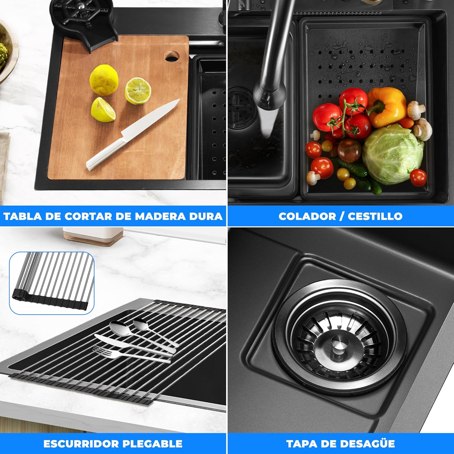 Serenelife Fregadero Cocina, Con Grifo, Rejilla De Drenaje, Canasta Coladora, Tavla De Cortar, Lavavasos, Acero Inoxidable, Instalacion Bajo O Sobre Encimera