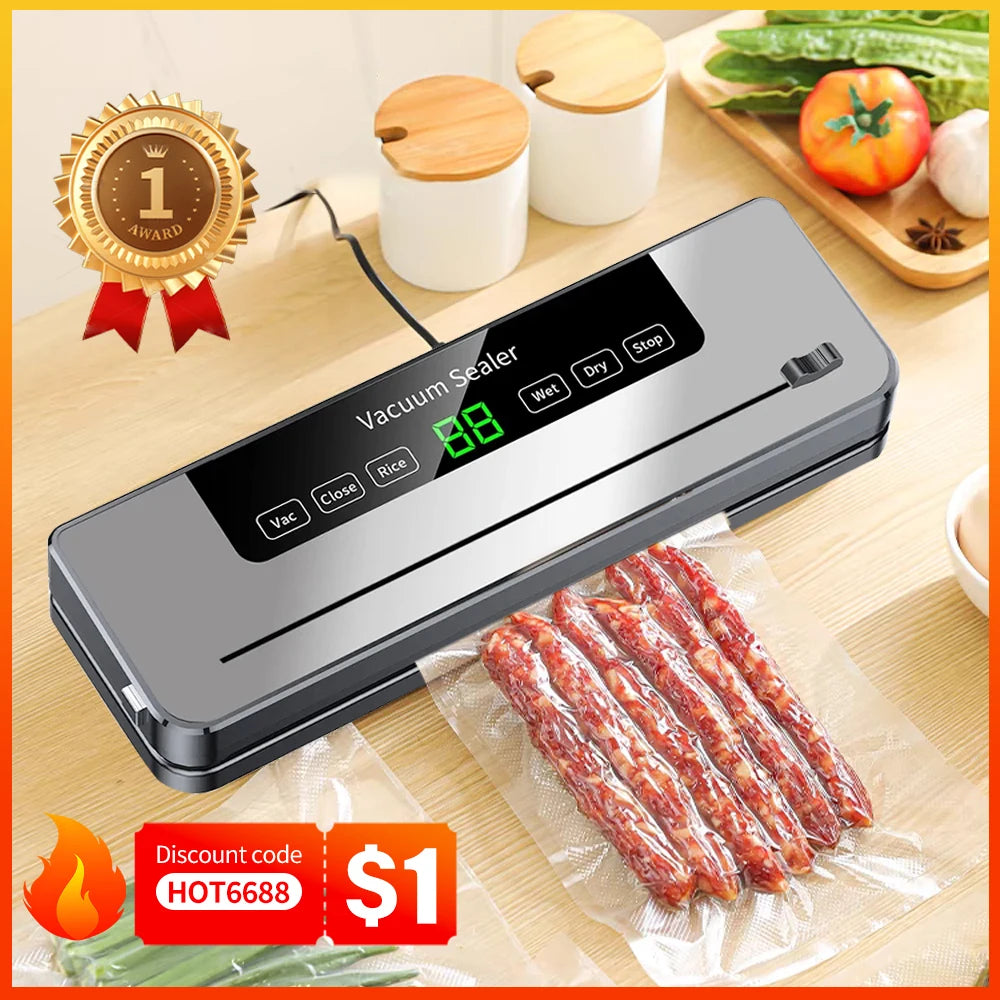 Electric Vacuum Sealer Food Storage Seal Touch Button Dry/Wet Built-In Cutter Kitchen Food Sealing Vacuum Packaging Machine