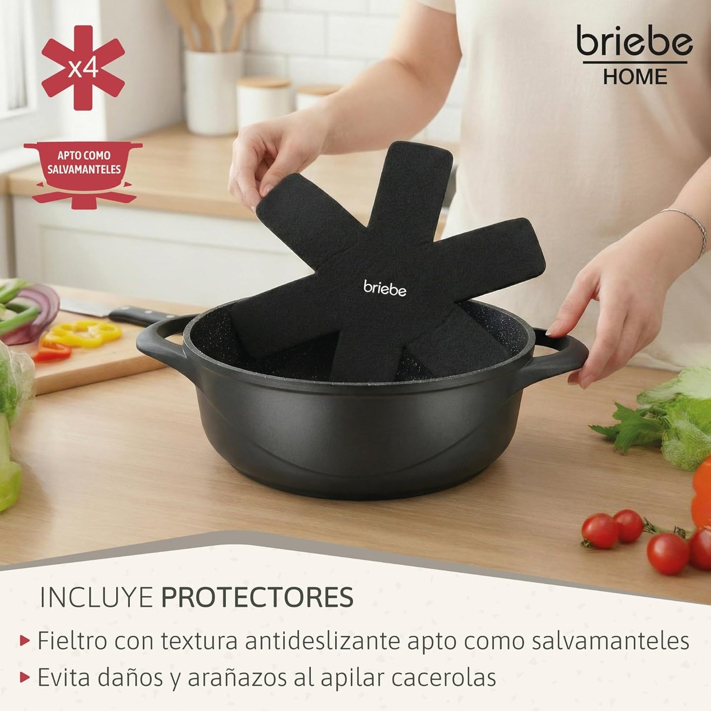 Briebe Batería Cocina Inducción 8 Piezas, Juego 4 Ollas Aluminio Fundido, Antiadherente ILAG GRANITEC Sin PFOA, Set Cazuelas Tapas Cristal, Guantes Silicona, Vitrocerámica, Gas, Horno, MGK-17