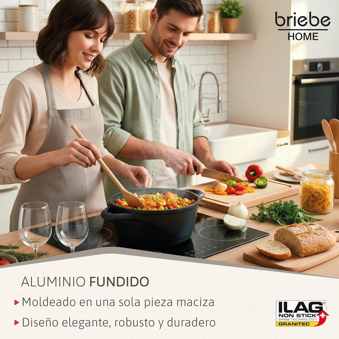 Briebe Batería Cocina Inducción 8 Piezas, Juego 4 Ollas Aluminio Fundido, Antiadherente ILAG GRANITEC Sin PFOA, Set Cazuelas Tapas Cristal, Guantes Silicona, Vitrocerámica, Gas, Horno, MGK-17