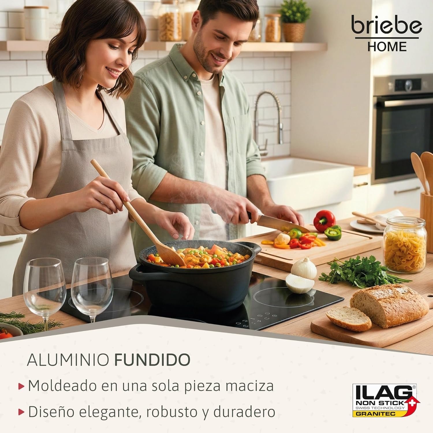 Briebe Batería Cocina Inducción 8 Piezas, Juego 4 Ollas Aluminio Fundido, Antiadherente ILAG GRANITEC Sin PFOA, Set Cazuelas Tapas Cristal, Guantes Silicona, Vitrocerámica, Gas, Horno, MGK-17