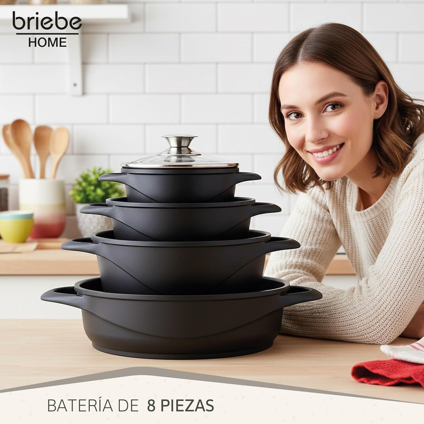 Briebe Batería Cocina Inducción 8 Piezas, Juego 4 Ollas Aluminio Fundido, Antiadherente ILAG GRANITEC Sin PFOA, Set Cazuelas Tapas Cristal, Guantes Silicona, Vitrocerámica, Gas, Horno, MGK-17