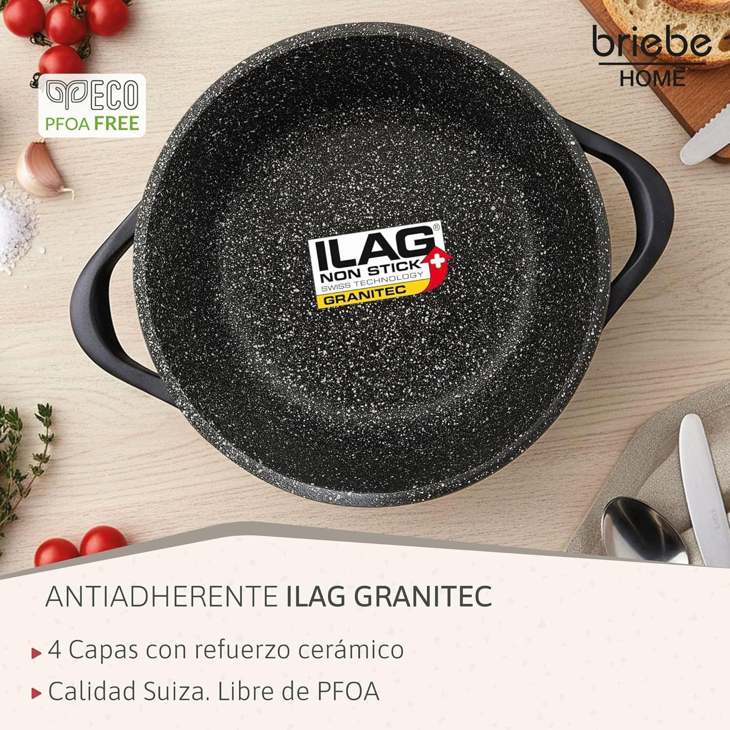 Briebe Batería Cocina Inducción 8 Piezas, Juego 4 Ollas Aluminio Fundido, Antiadherente ILAG GRANITEC Sin PFOA, Set Cazuelas Tapas Cristal, Guantes Silicona, Vitrocerámica, Gas, Horno, MGK-17